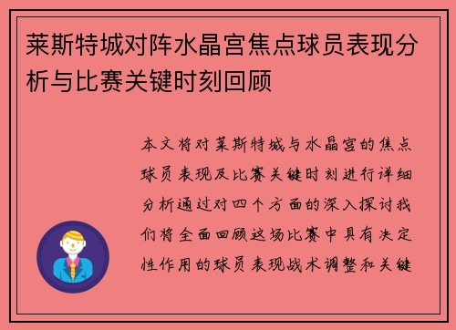 莱斯特城对阵水晶宫焦点球员表现分析与比赛关键时刻回顾