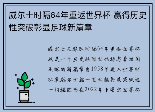 威尔士时隔64年重返世界杯 赢得历史性突破彰显足球新篇章